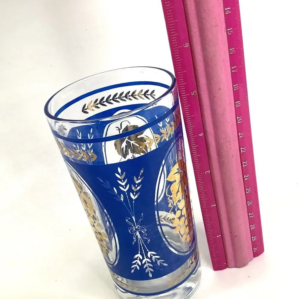Vtg Mid Century Cobalt Blue Wheat Gold Grapes‎ Glass Drinking Tumbler 2.5